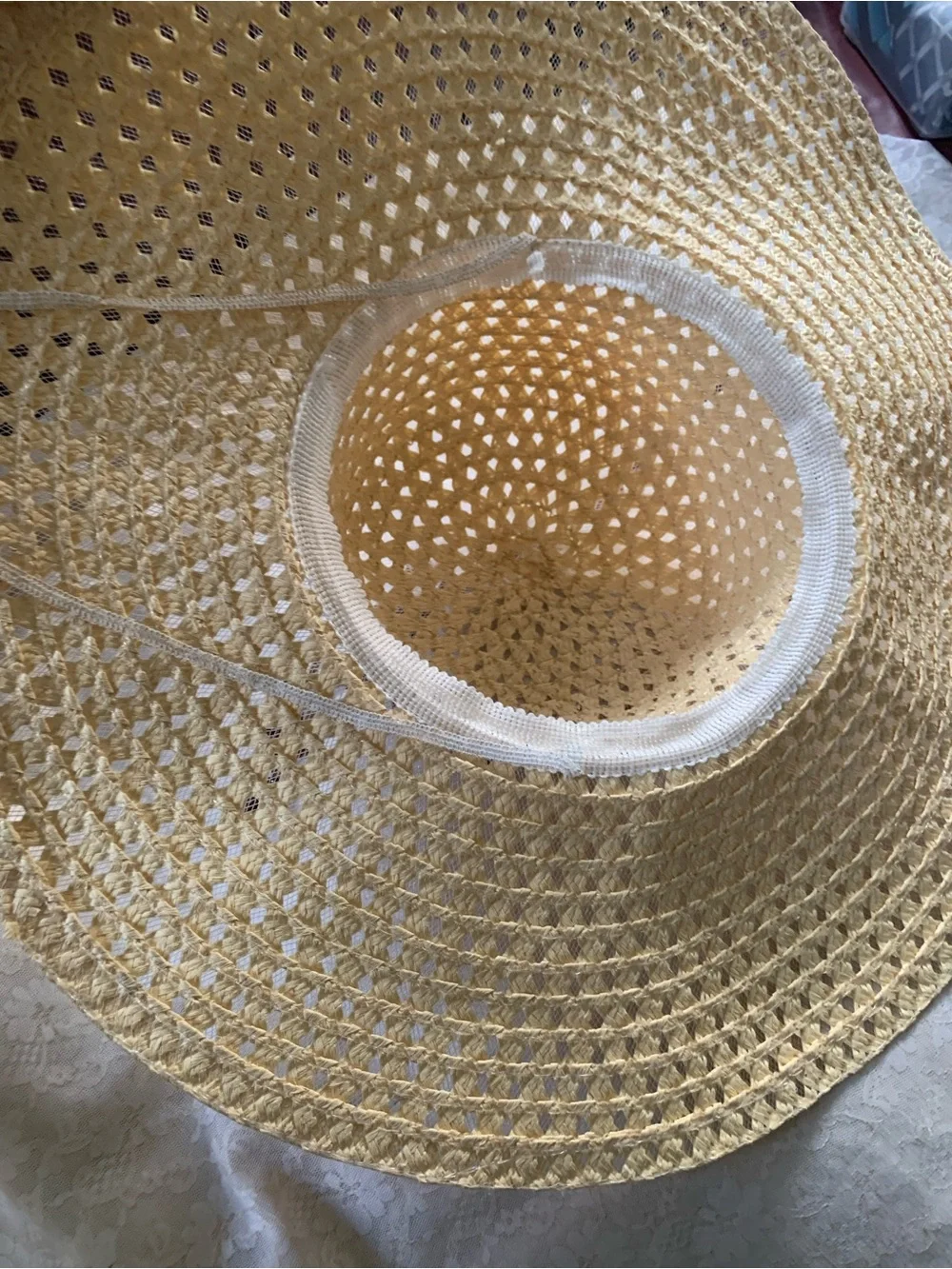 Women’s Beige Straw Wide Brim Sun Hat  Solid Beach Summer Travel bow Beads OS